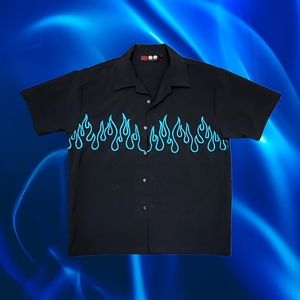 Vintage Men's XL Blue Flames Casual Bowling 🎳 / Billiard 🎱 Shirt
